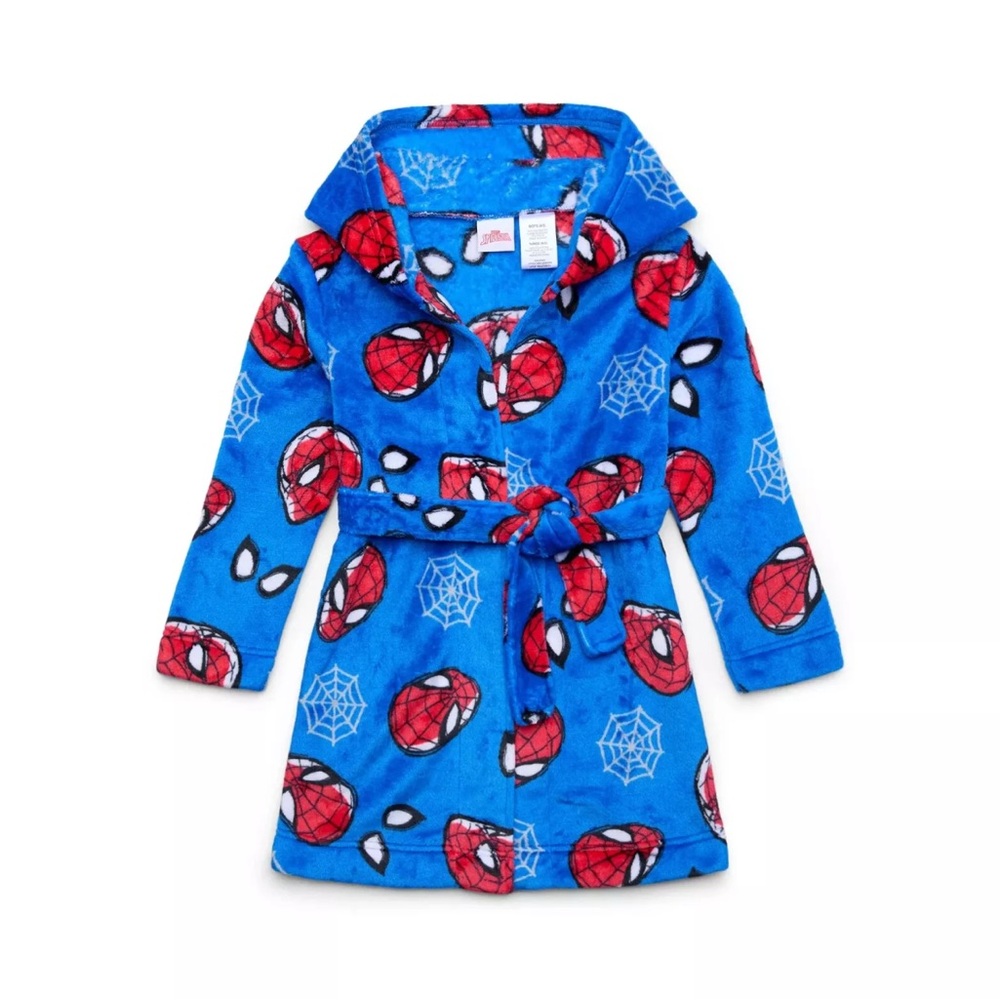 New Marvel Spider-Man & Webs Boys’ Hooded Soft Plush Blue Bathrobe Size 8